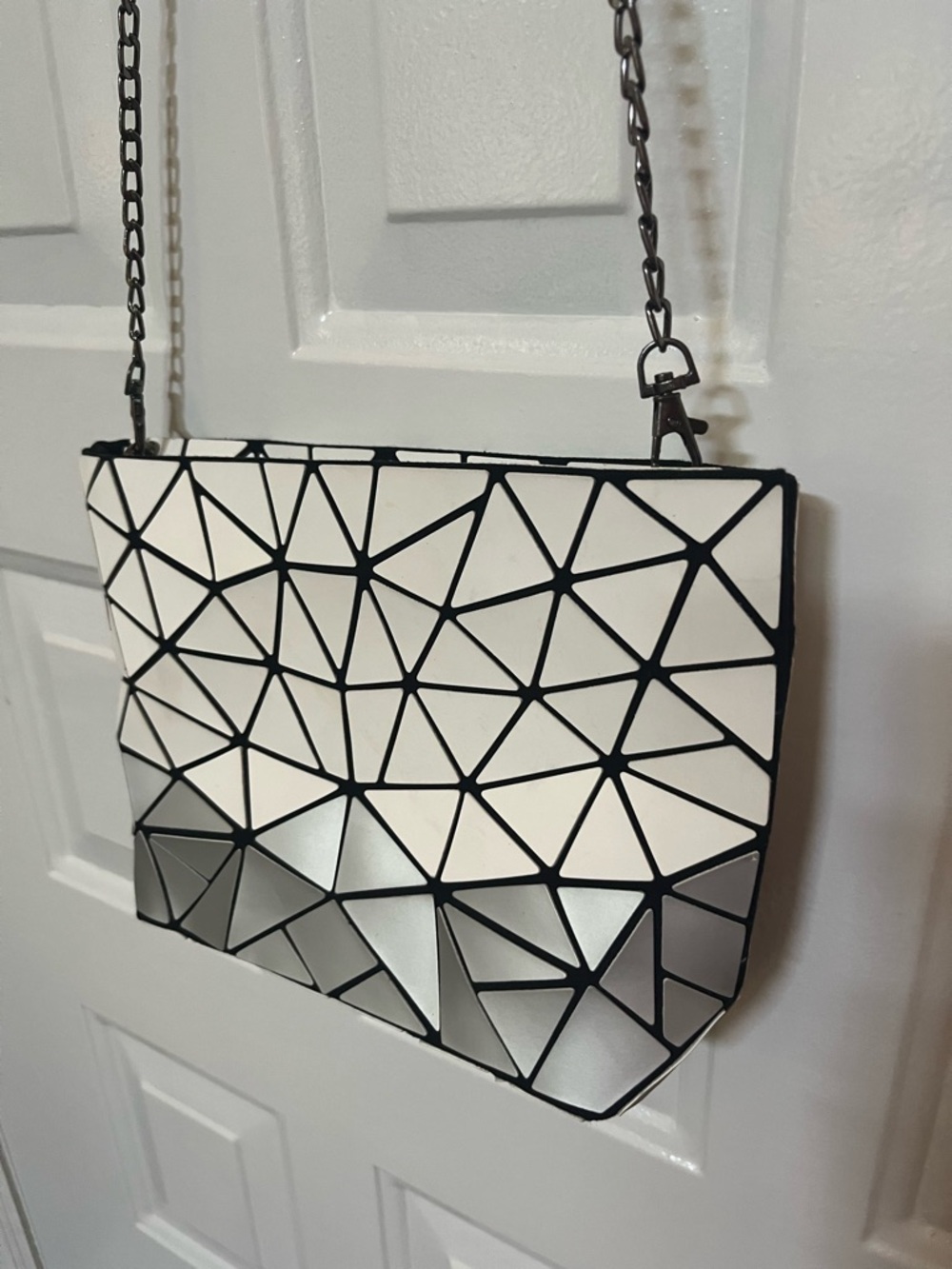 PATRIZIA LUCA White Silver Geometric Purse Shoulder Bag Crossbody Purple liner